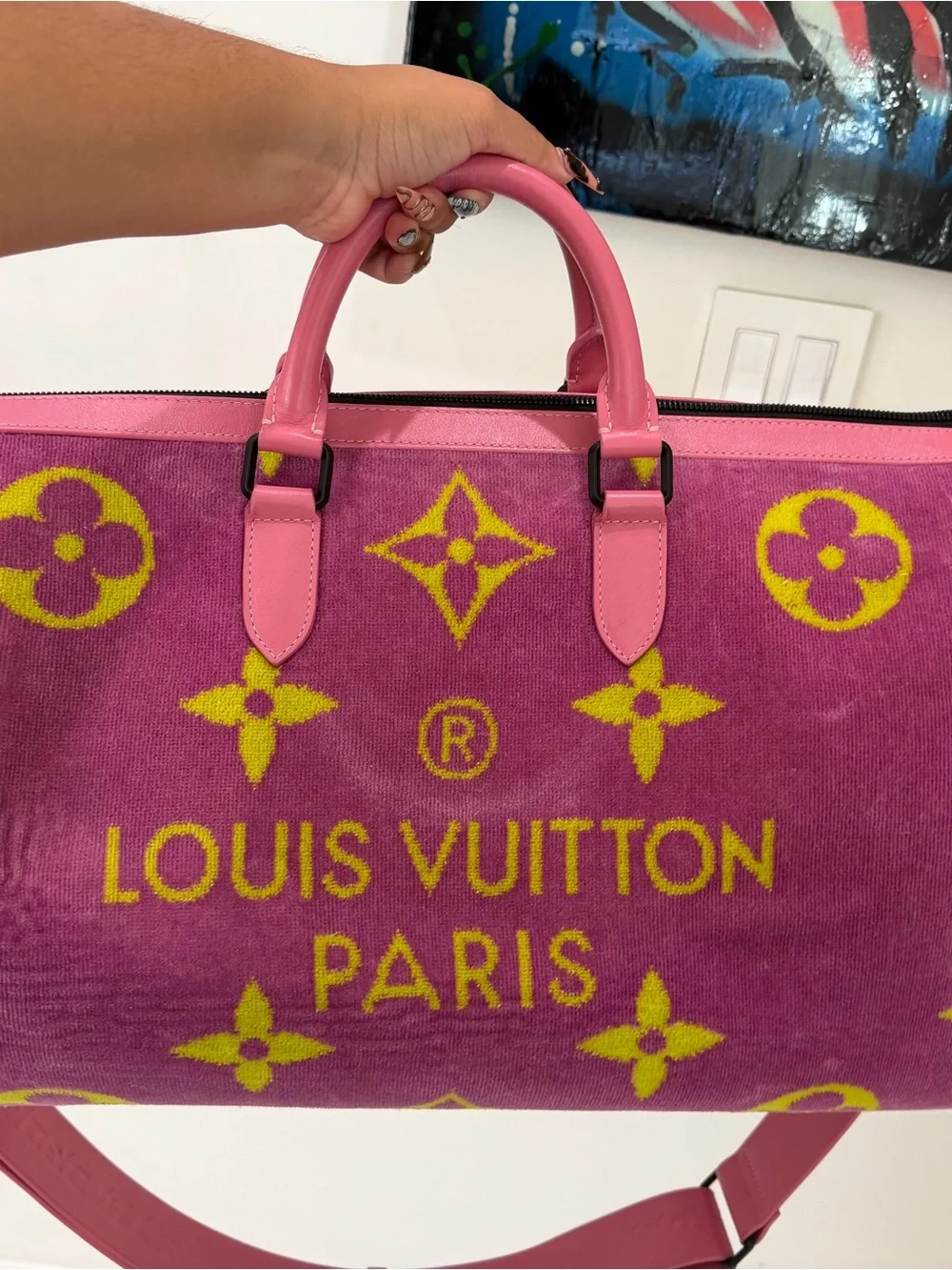 Custom Louis Vuitton beach towel duffle bag by designer Etai Drori